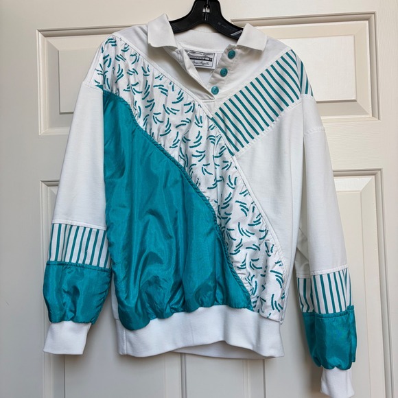 San Francisco Sport Tops - Vintage 80s San Francisco Sport Mazzella Teal Colorblock Pullover Sweatshirt M